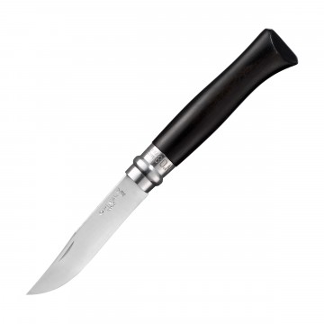 N°08 Ebony Knife:  The iconic Opinel N°08 knife with Ebony wood handle, a dense black wood with a velvety feel. 
 The mirror polished...