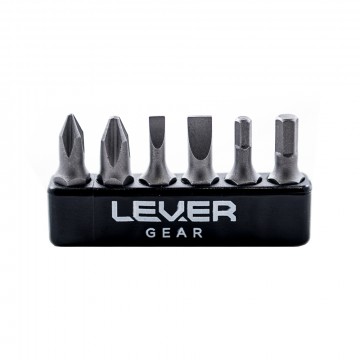 Bit Kit:  The Lever Gear six-piece screwdriver bit kit is made of hardened and tempered S2 steel for strength and durability....
